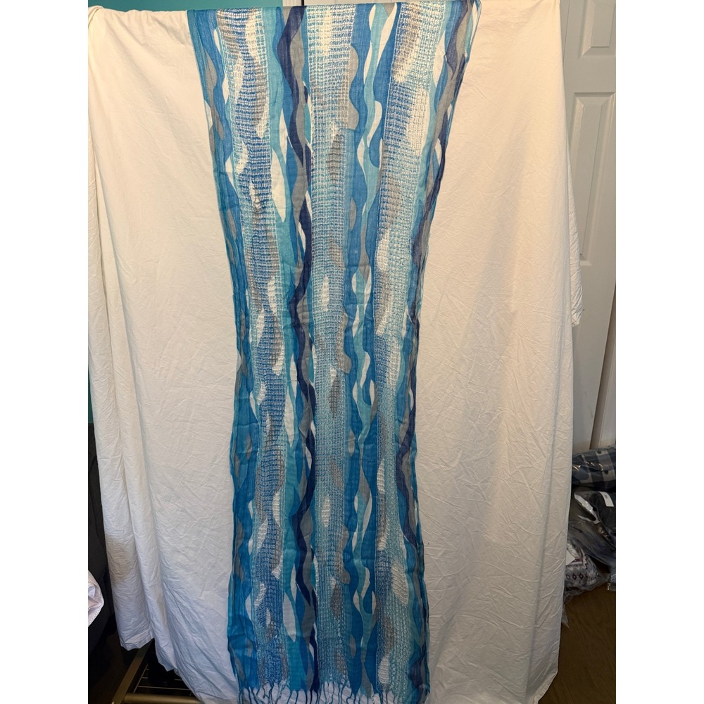Blue Abstract Wavy Print Viscose Lightweight Fringe Scarf Wrap